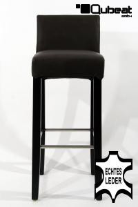 Edler Holzbarhocker braun Holzgestell B-WARE Schwarz mit Lehne Barhocker Holz ECHT LEDER "Chris"