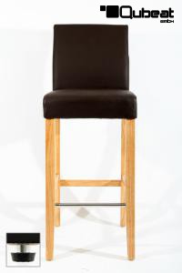 Edler Holzbarhocker braun Holzgestell Natur Barhocker Holz mit verstellbaren Bodengleitern und Lehne ECHT LEDER "Michael"
