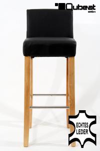 Edler Holzbarhocker schwarz Holzgestell B-WARE Natur Barhocker Holz mit Lehne ECHT LEDER "Chris"