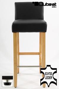 Edler Holzbarhocker schwarz Holzgestell Natur Barhocker Holz mit Lehne und verstellbaren Bodengleitern ECHT LEDER "Chris"