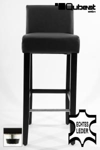 Edler Holzbarhocker schwarz Holzgestell Schwarz mit Lehne und verstellbaren Bodengleitern ECHT LEDER "Chris"
