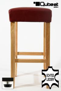 Edler Holzbarhocker weinrot Barhocker Holz Holzgestell Natur mit verstellbaren Bodengleitern ECHT LEDER "Ben"