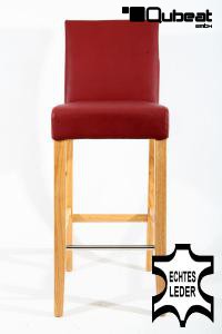 Edler Holzbarhocker weinrot Holzgestell Barhocker Holz Natur mit Lehne ECHT LEDER "Michael"
