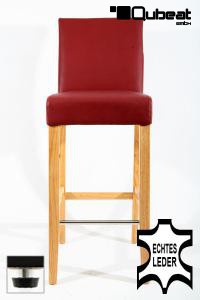 Edler Holzbarhocker weinrot Holzgestell Barhocker Holz Natur mit verstellbaren Bodengleitern und Rckenlehne ECHT LEDER "Michael"