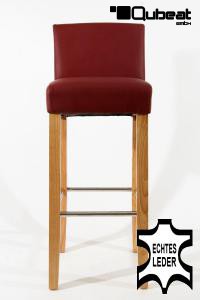Edler Holzbarhocker weinrot Holzgestell B-WARE Natur mit Lehne ECHT LEDER "Chris"
