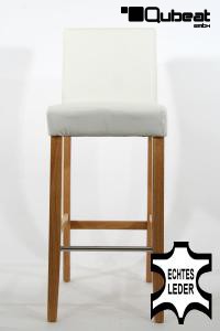 Edler Holzbarhocker wei Barhocker Holz Natur mit Lehne ECHT LEDER  "Michael"