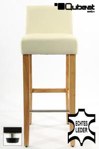 Edler Holzbarhocker wei Holzgestell Barhocker Holz Natur mit Lehne und verstellbaren Bodengleitern ECHT LEDER "Chris"