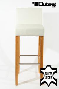 Edler Holzbarhocker wei Holzgestell Natur Barhocker Holz mit Lehne ECHT LEDER "Chris"