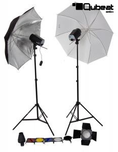 Studioblitzlicht Set 2x 180 W Fotostudio Schirme und diverse Filter, Stativ gefedert, "Orion"